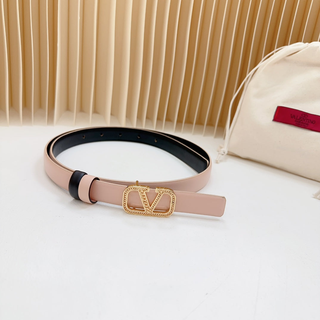 VALENTINO Vlogo Buckle Water Wave Gold Copper Glossy Light Pink Black Leather 20mm Belt