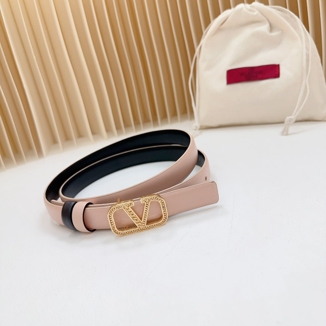 VALENTINO Vlogo Buckle Water Wave Gold Copper Glossy Light Pink Black Leather 20mm Belt