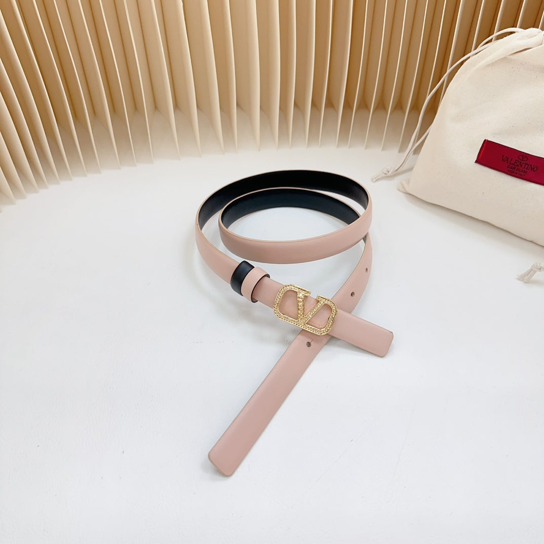 VALENTINO Vlogo Buckle Water Wave Gold Copper Glossy Light Pink Black Leather 20mm Belt