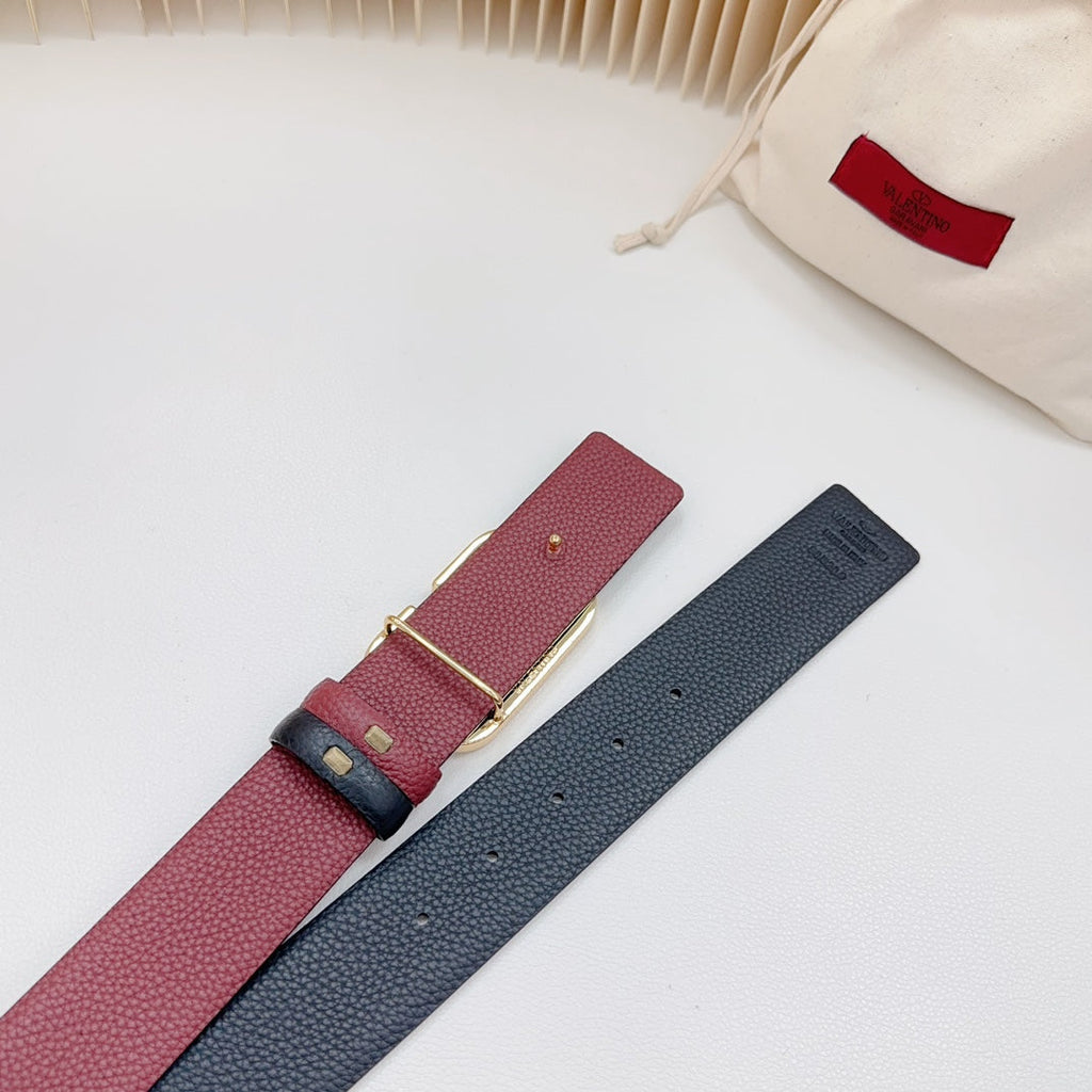 VALENTINO Vlogo Buckle Water Wave Gold Copper Glossy Wine Black Leather 40mm