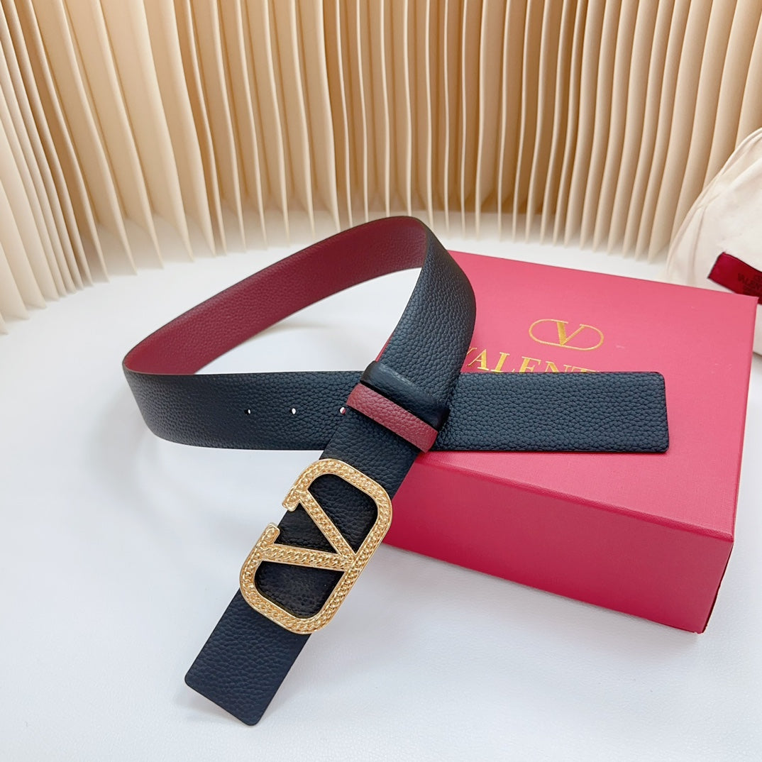 VALENTINO Vlogo Buckle Water Wave Gold Copper Glossy Wine Black Leather 40mm