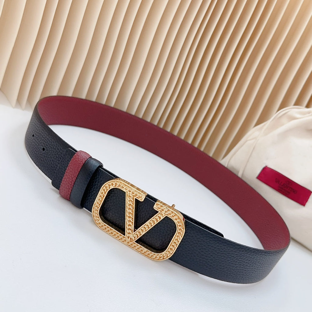 VALENTINO Vlogo Buckle Water Wave Gold Copper Glossy Wine Black Leather 40mm