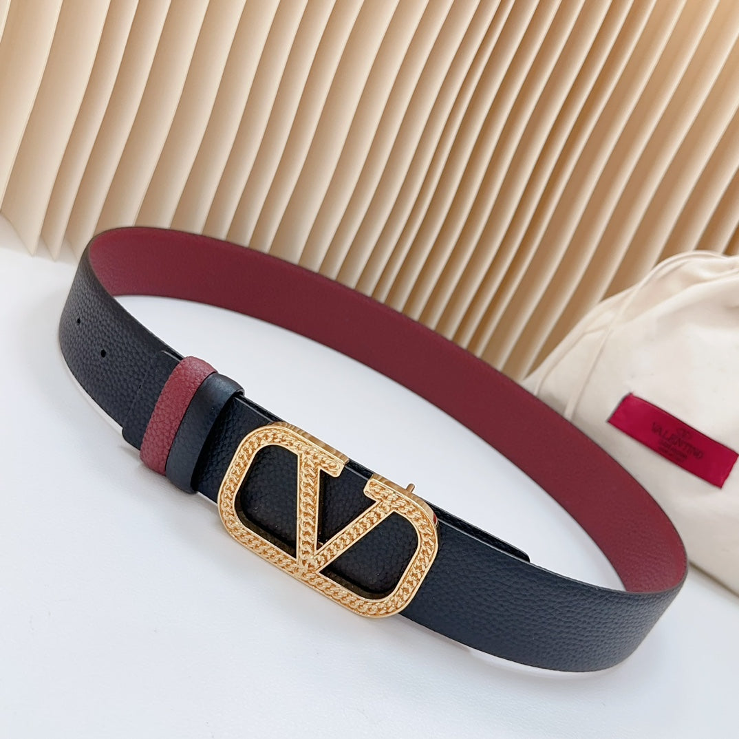 VALENTINO Vlogo Buckle Water Wave Gold Copper Glossy Wine Black Leather 40mm