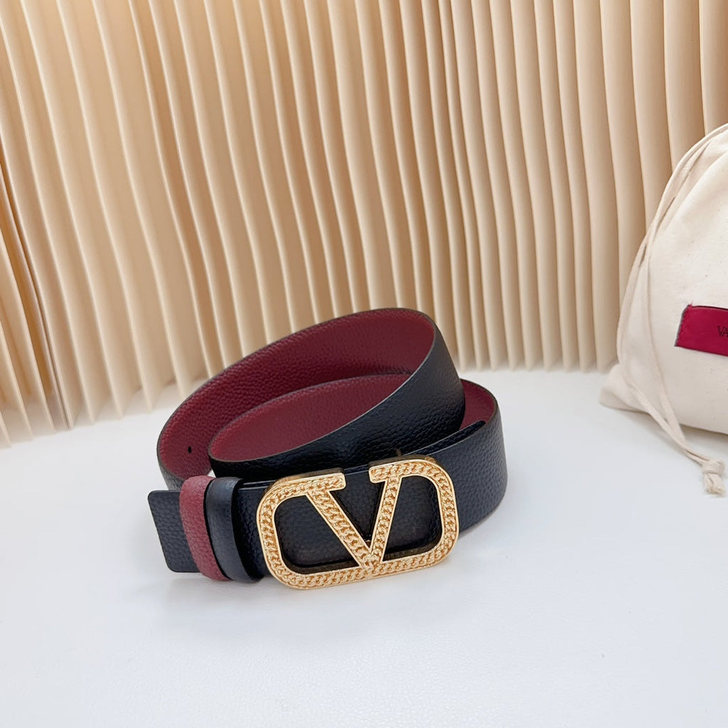 VALENTINO Vlogo Buckle Water Wave Gold Copper Glossy Wine Black Leather 40mm
