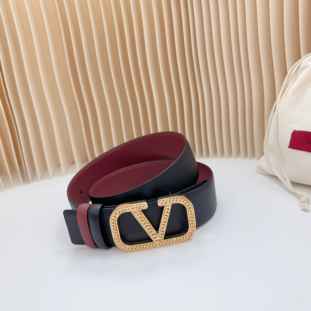 VALENTINO Vlogo Buckle Water Wave Gold Copper Glossy Wine Black Leather 40mm