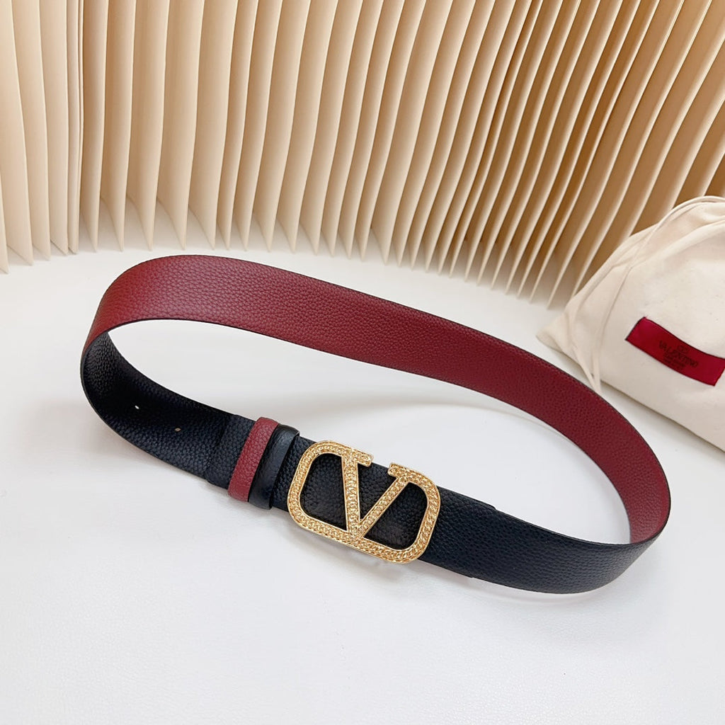 VALENTINO Vlogo Buckle Water Wave Gold Copper Glossy Wine Black Leather 40mm