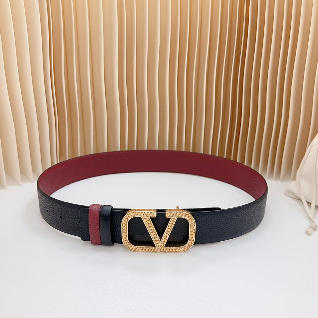 VALENTINO Vlogo Buckle Water Wave Gold Copper Glossy Wine Black Leather 40mm