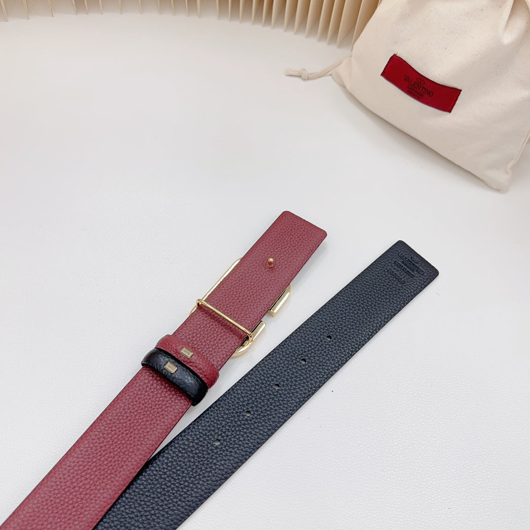 VALENTINO Vlogo White Gold Buckle Belt 40mm Wine Black Leather