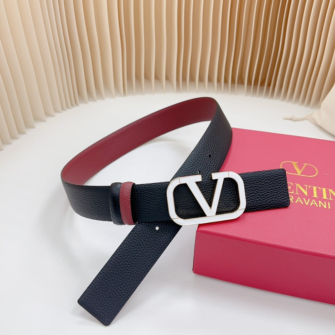 VALENTINO Vlogo White Gold Buckle Belt 40mm Wine Black Leather