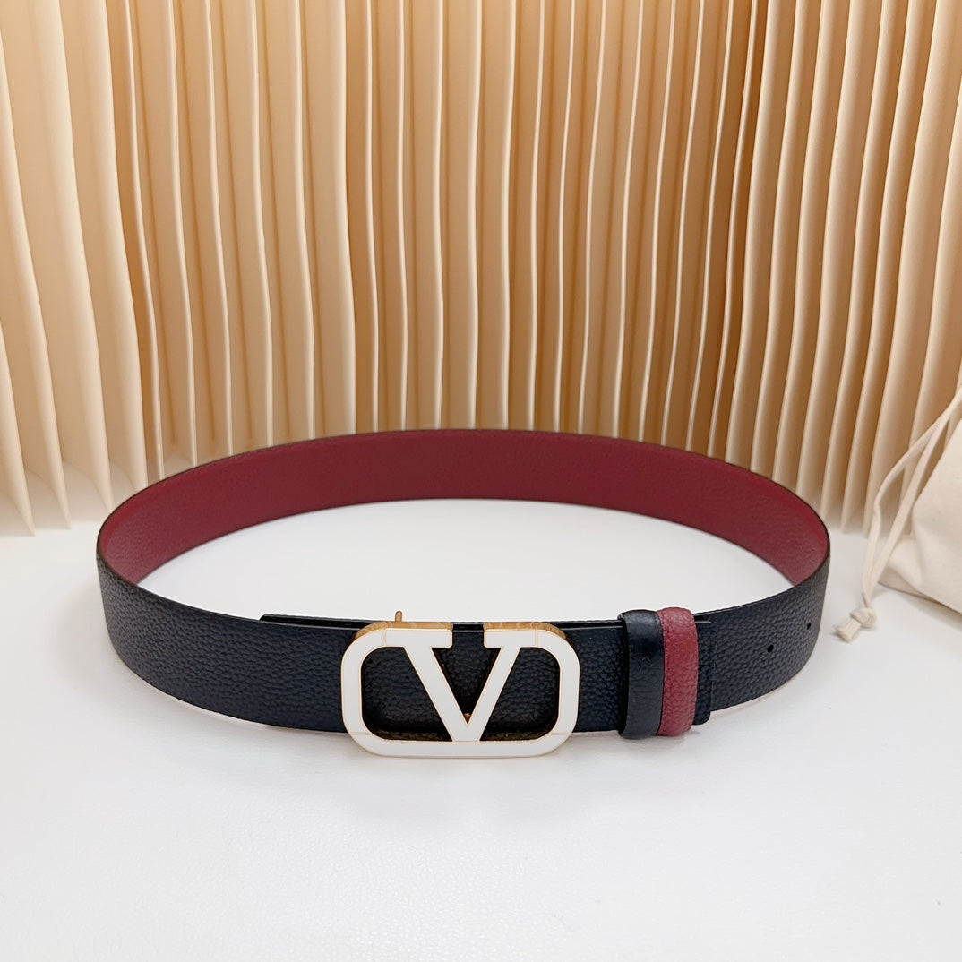 VALENTINO Vlogo White Gold Buckle Belt 40mm Wine Black Leather