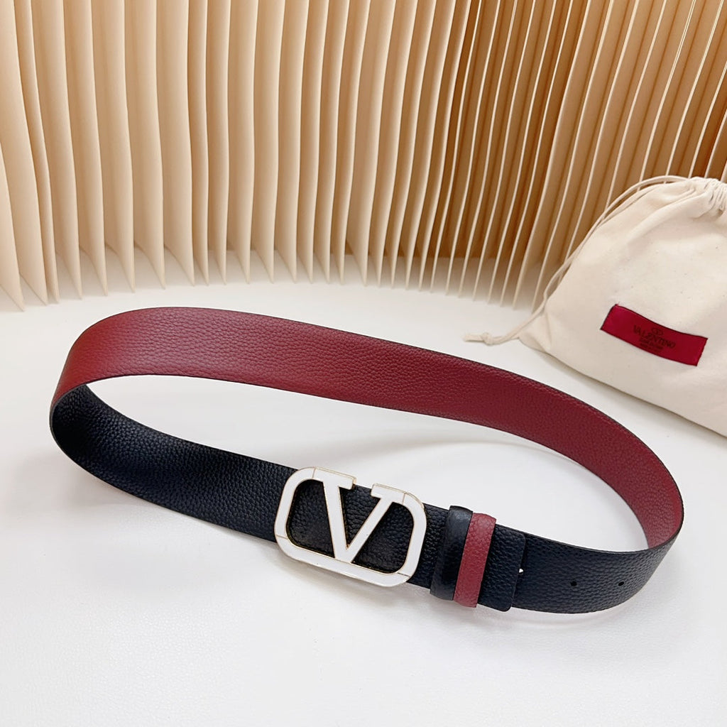 VALENTINO Vlogo White Gold Buckle Belt 40mm Wine Black Leather