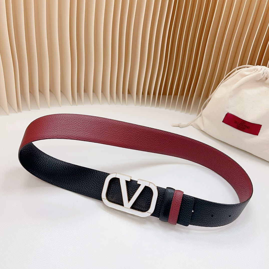 VALENTINO Vlogo White Gold Buckle Belt 40mm Wine Black Leather