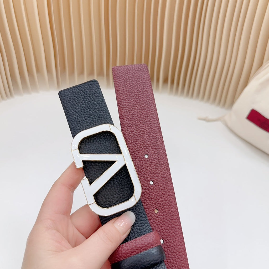VALENTINO Vlogo White Gold Buckle Belt 40mm Wine Black Leather