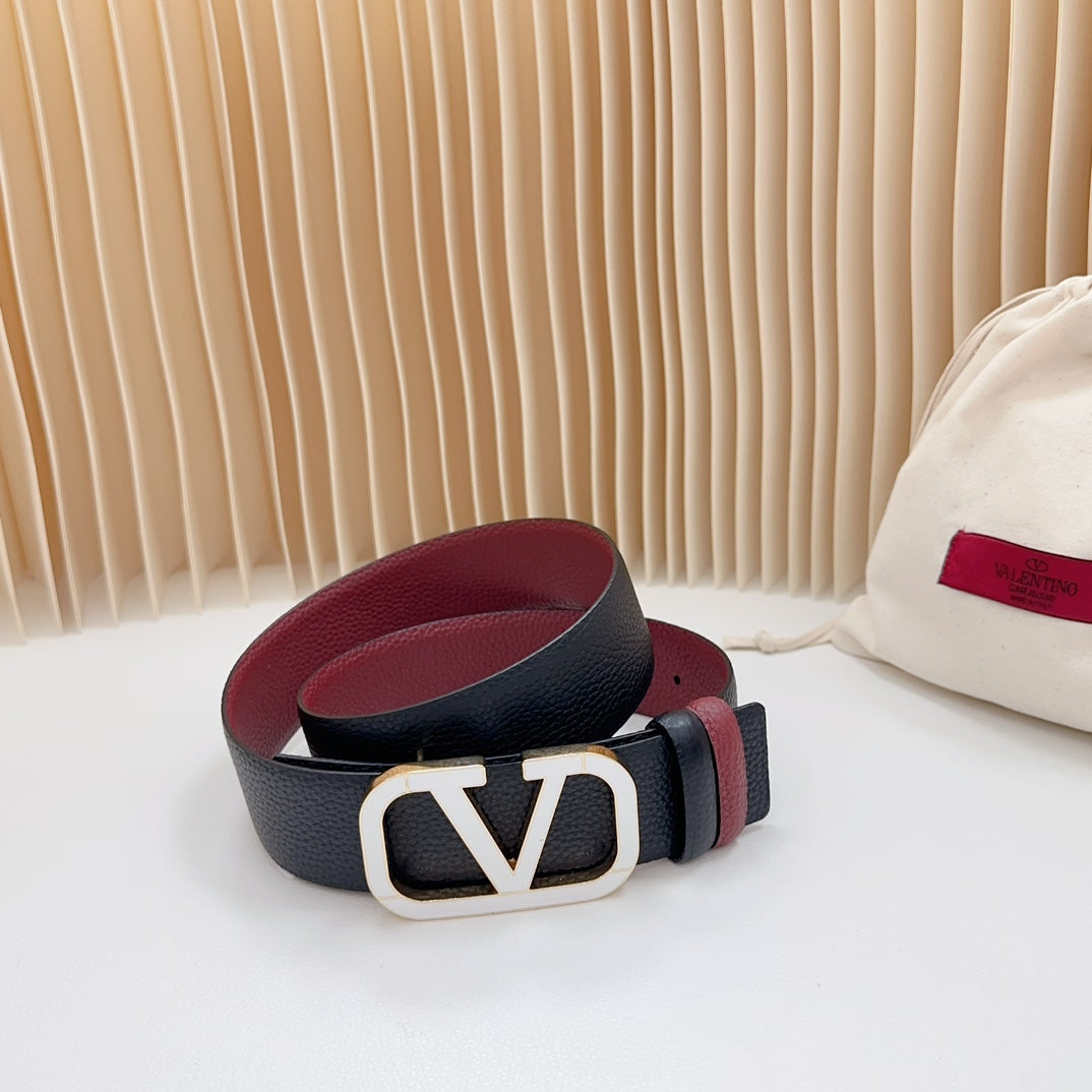VALENTINO Vlogo White Gold Buckle Belt 40mm Wine Black Leather