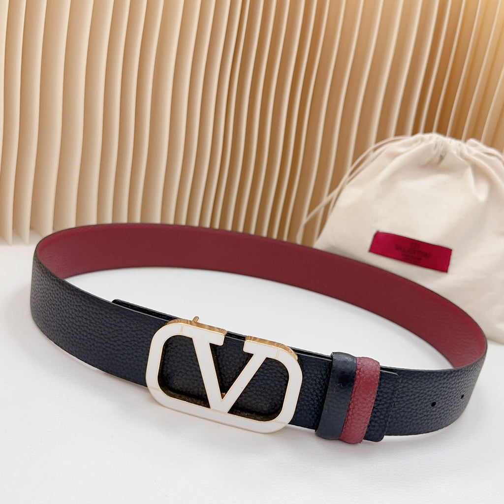 VALENTINO Vlogo White Gold Buckle Belt 40mm Wine Black Leather