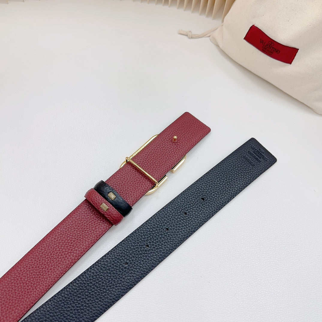 VALENTINO Vlogo Buckle Water Wave Silver Copper Glossy Wine Black Leather 40mm