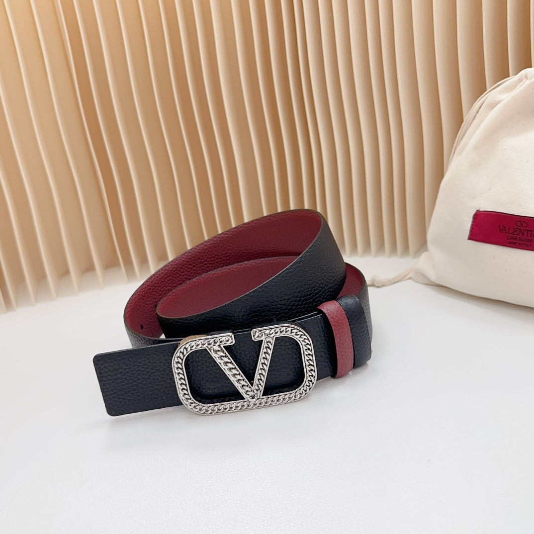 VALENTINO Vlogo Buckle Water Wave Silver Copper Glossy Wine Black Leather 40mm