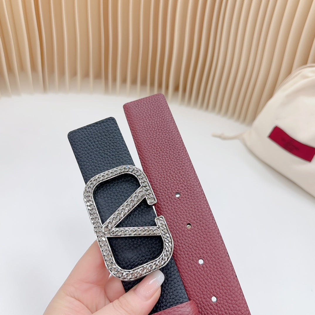 VALENTINO Vlogo Buckle Water Wave Silver Copper Glossy Wine Black Leather 40mm