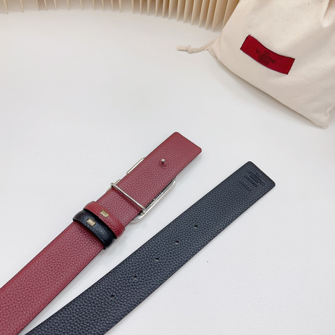 VALENTINO Vlogo Buckle Water Wave Silver Copper Glossy Wine Black Leather 40mm