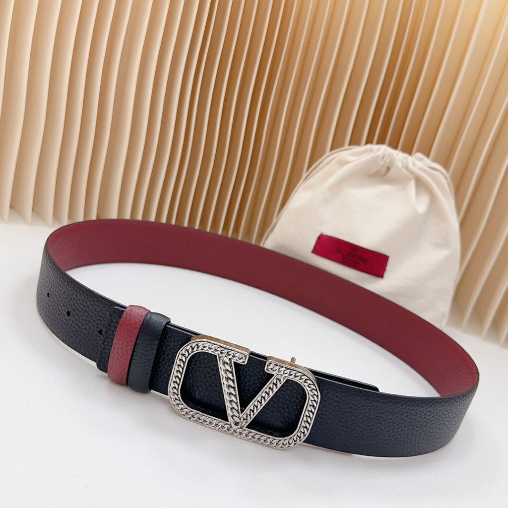 VALENTINO Vlogo Buckle Water Wave Silver Copper Glossy Wine Black Leather 40mm