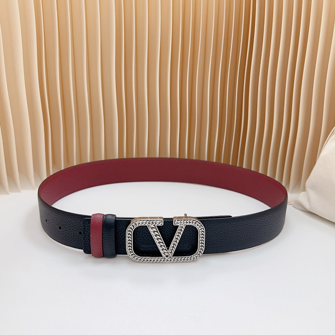 VALENTINO Vlogo Buckle Water Wave Silver Copper Glossy Wine Black Leather 40mm