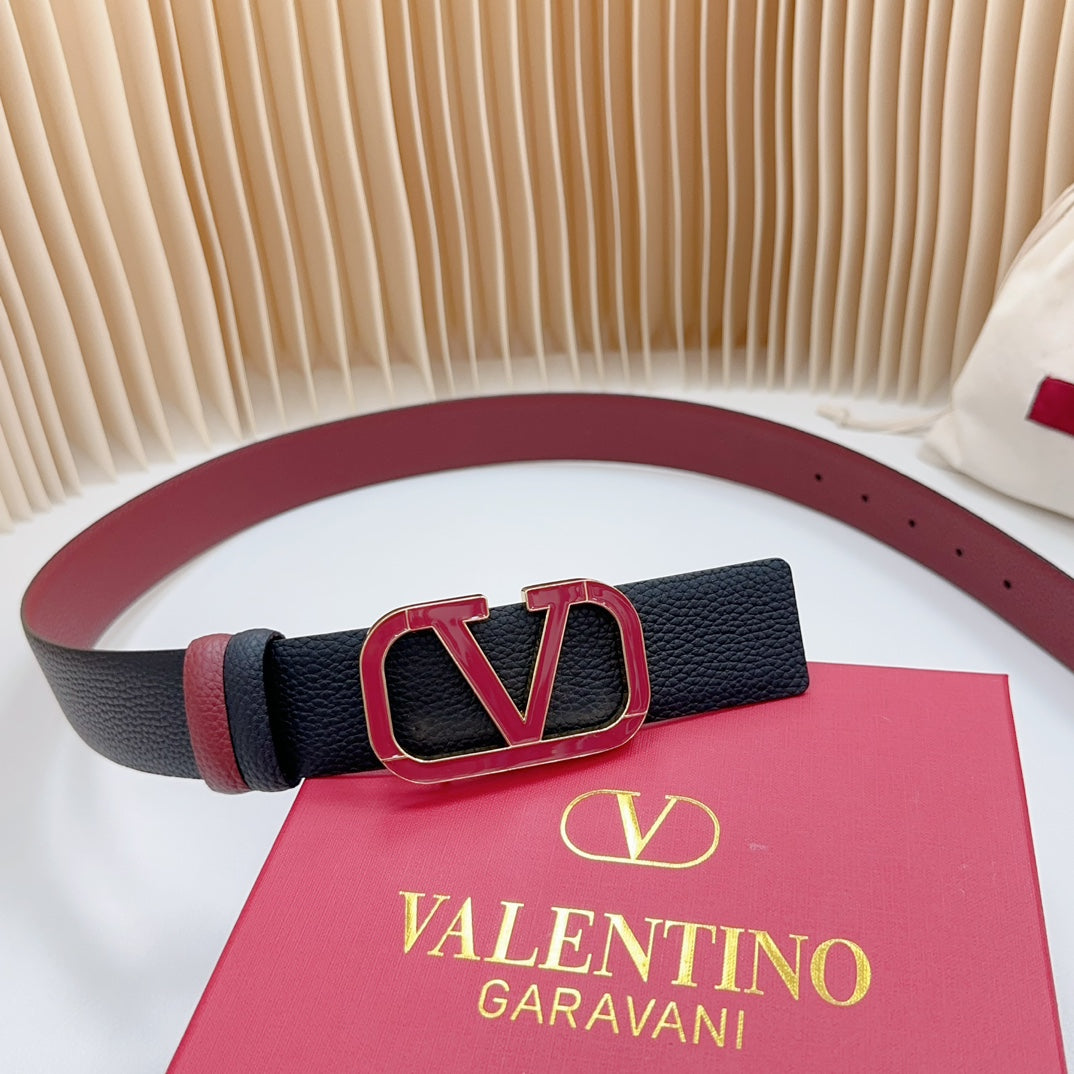 VALENTINO Vlogo Wine Gold Buckle Belt 40mm Wine Black Leather