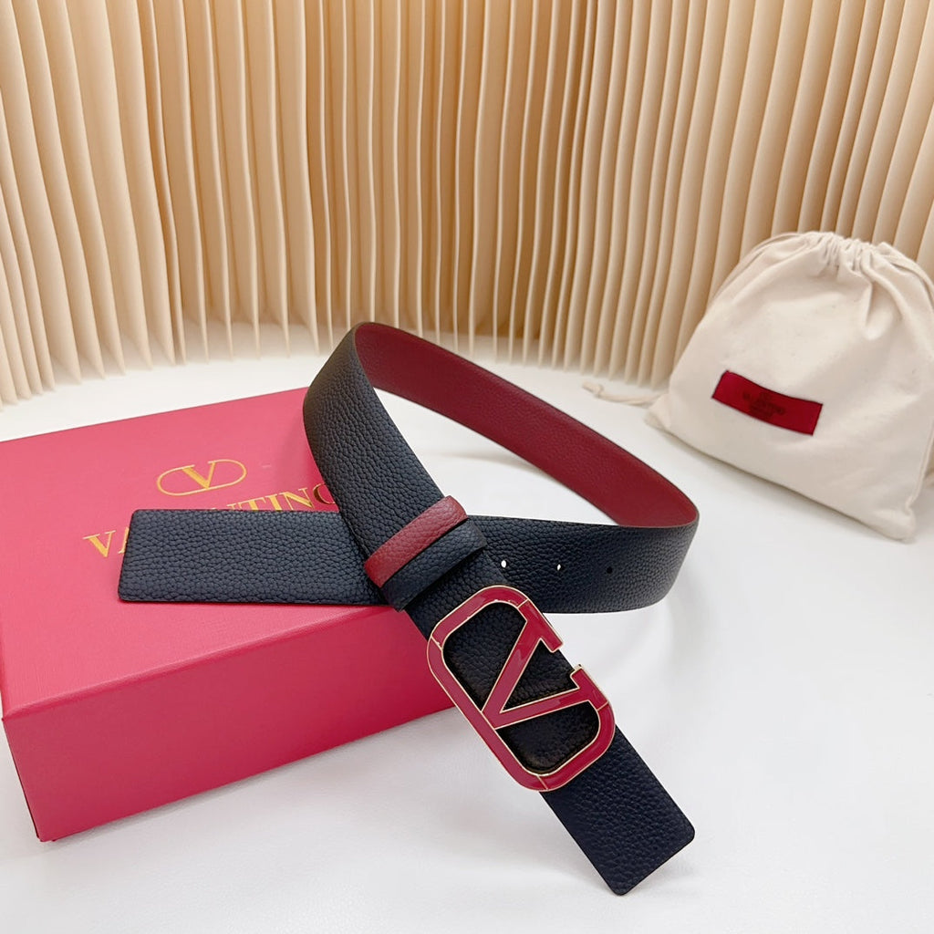 VALENTINO Vlogo Wine Gold Buckle Belt 40mm Wine Black Leather