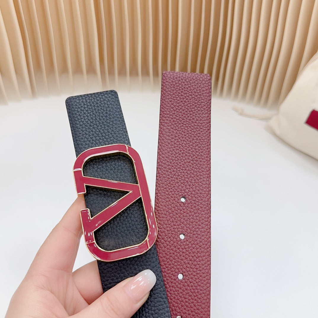 VALENTINO Vlogo Wine Gold Buckle Belt 40mm Wine Black Leather