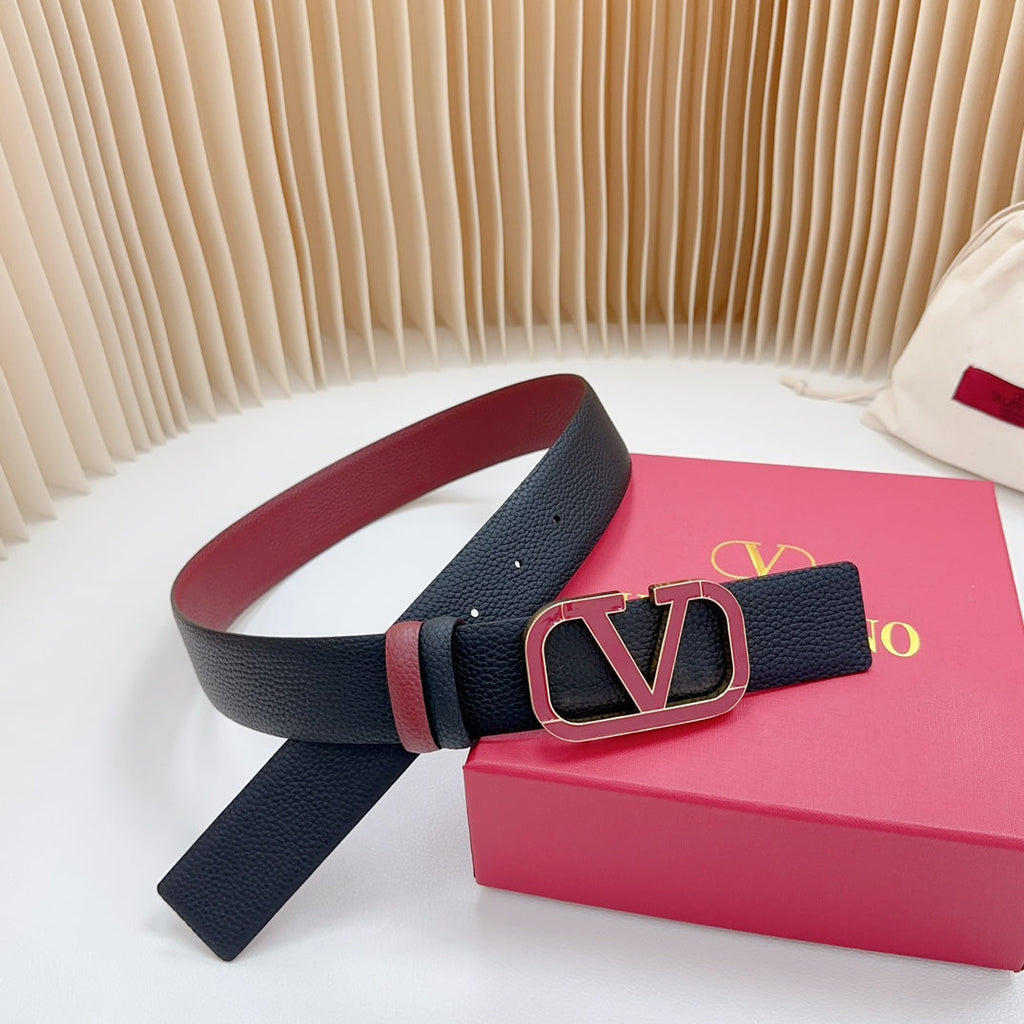 VALENTINO Vlogo Wine Gold Buckle Belt 40mm Wine Black Leather