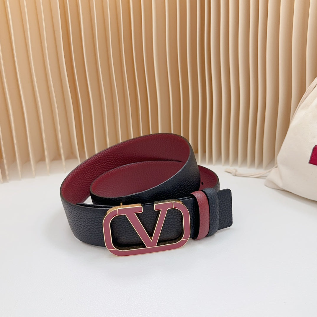 VALENTINO Vlogo Wine Gold Buckle Belt 40mm Wine Black Leather