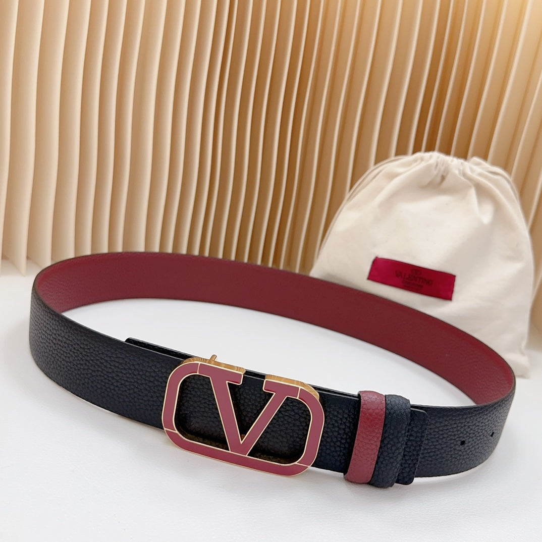 VALENTINO Vlogo Wine Gold Buckle Belt 40mm Wine Black Leather
