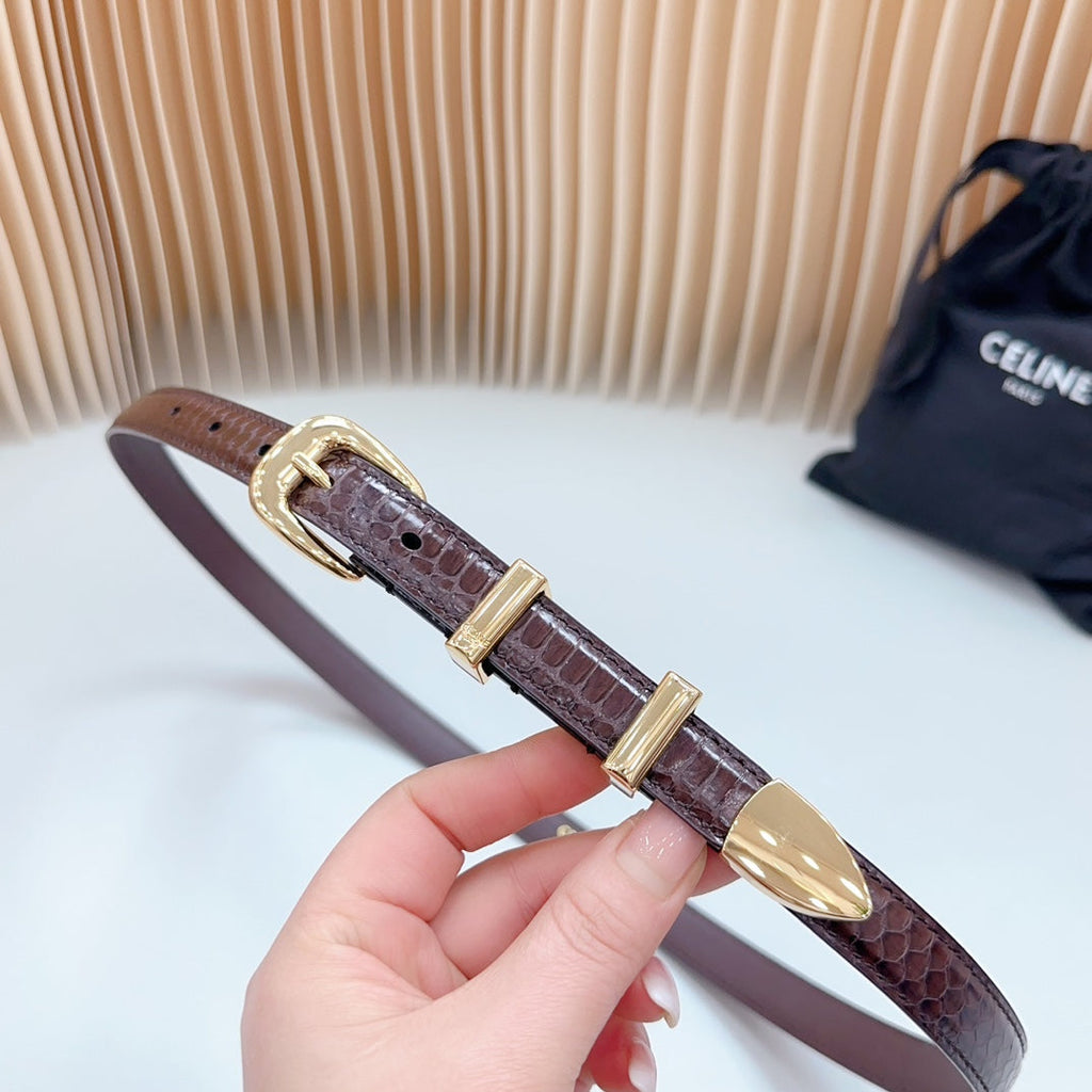CELINE Small Western Belt 18mm Brown Snake Embossed Calfskin Light Gold Hardware