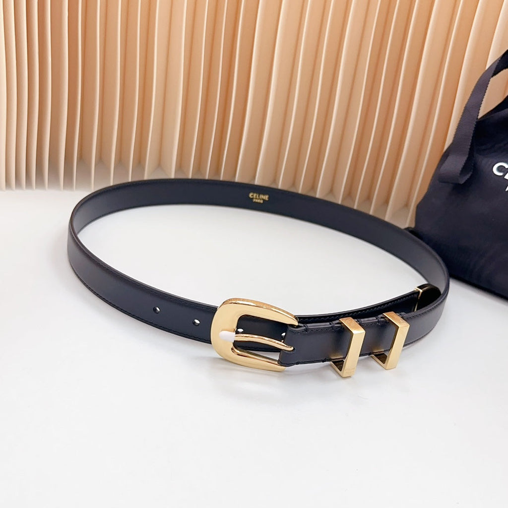 CELINE Medium Western Belt 25mm Black Calfskin Gold Loop Ghw