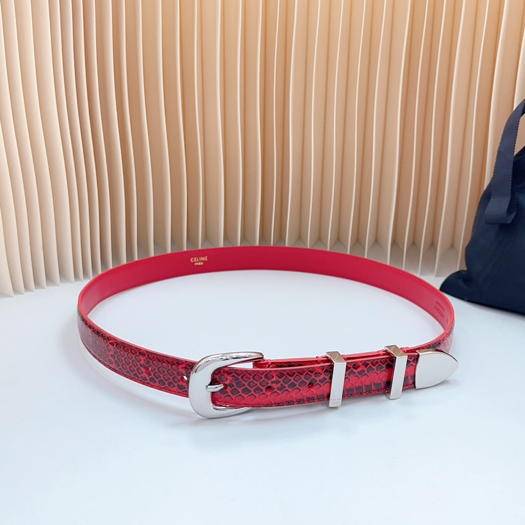 CELINE Medium Western Belt 25mm Red Black Snake Embossed Calfskin Silver Loop Shw
