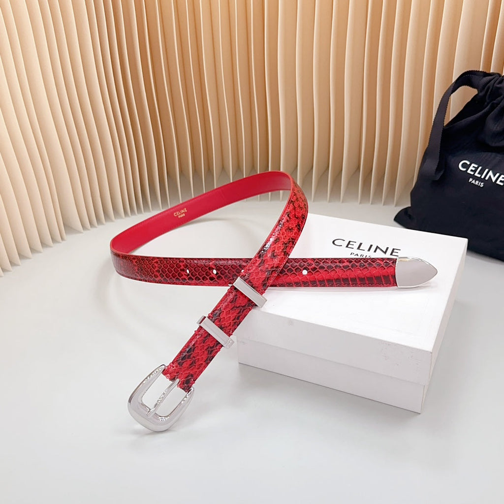 CELINE Medium Western Belt 25mm Red Black Snake Embossed Calfskin Silver Loop Shw