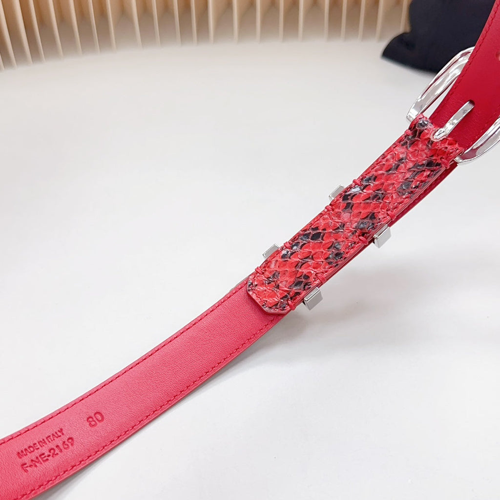 CELINE Medium Western Belt 25mm Red Black Snake Embossed Calfskin Silver Loop Shw
