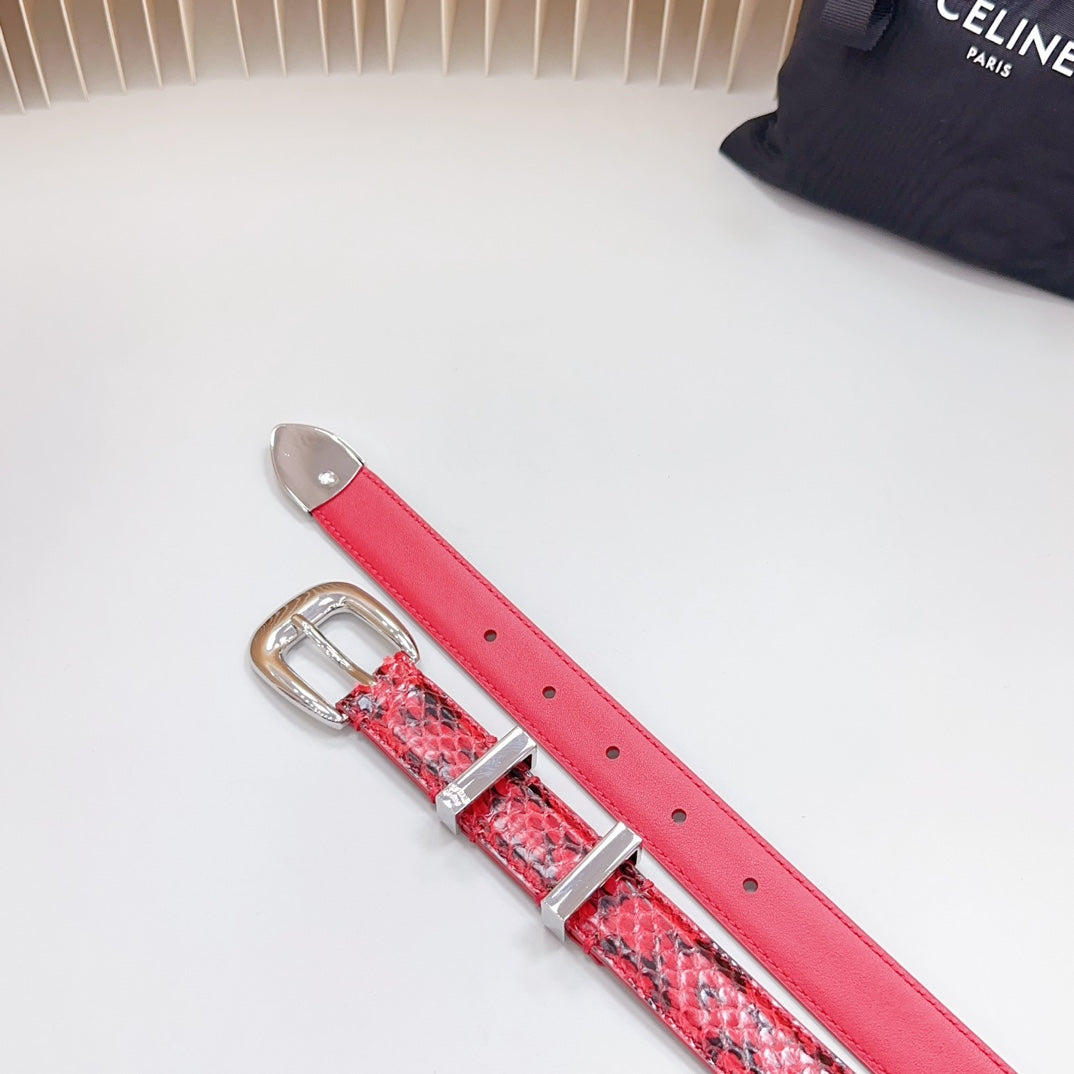 CELINE Medium Western Belt 25mm Red Black Snake Embossed Calfskin Silver Loop Shw