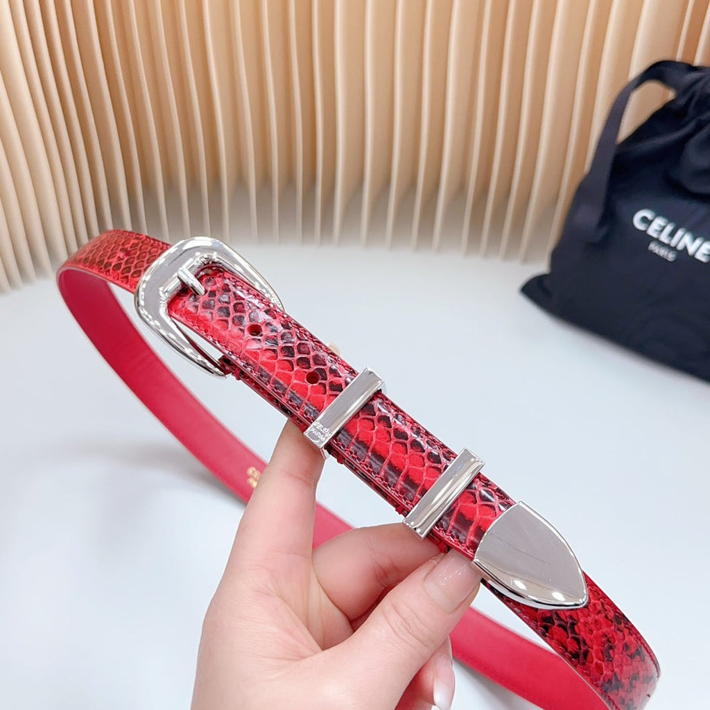 CELINE Medium Western Belt 25mm Red Black Snake Embossed Calfskin Silver Loop Shw