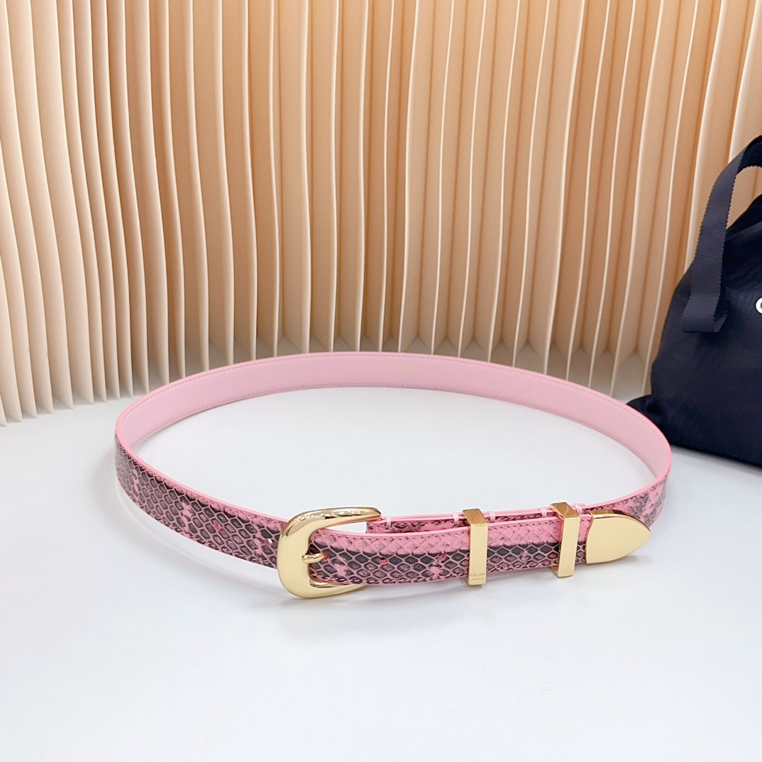 CELINE Medium Western Belt 25mm Pink Black Snake Embossed Calfskin Gold Loop Ghw
