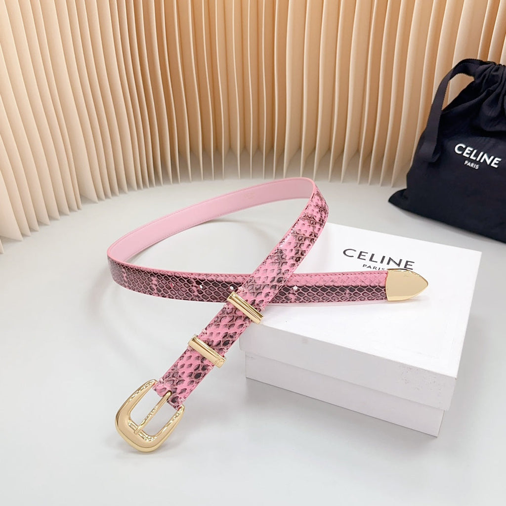 CELINE Medium Western Belt 25mm Pink Black Snake Embossed Calfskin Gold Loop Ghw