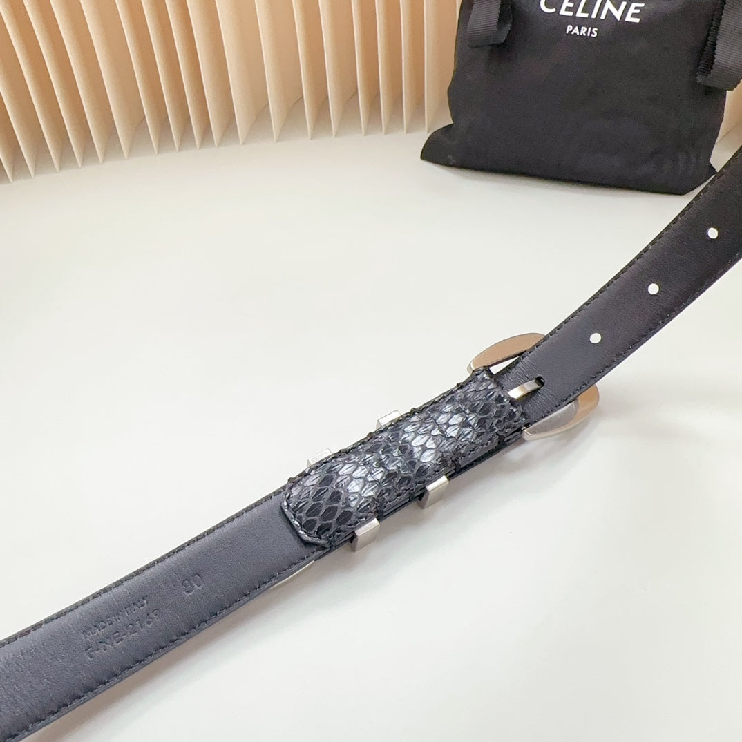 CELINE Medium Western Belt 25mm Black Snake Embossed Calfskin Shw