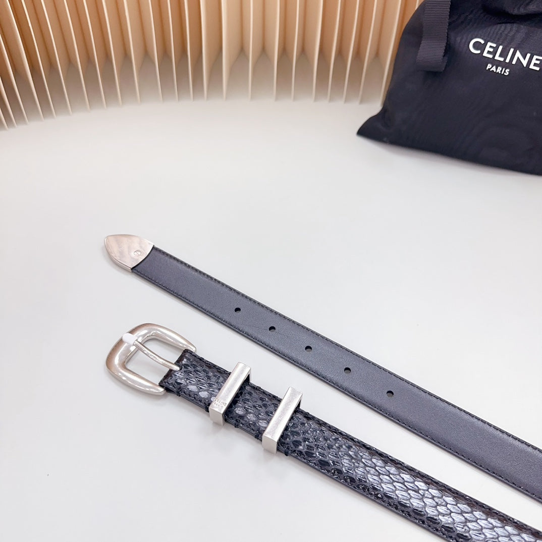 CELINE Medium Western Belt 25mm Black Snake Embossed Calfskin Shw