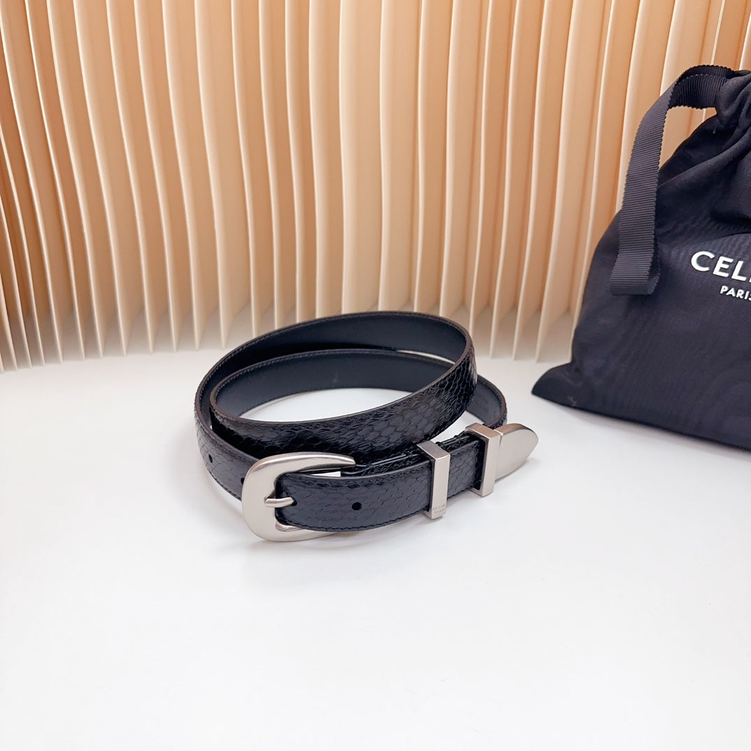 CELINE Medium Western Belt 25mm Black Snake Embossed Calfskin Shw