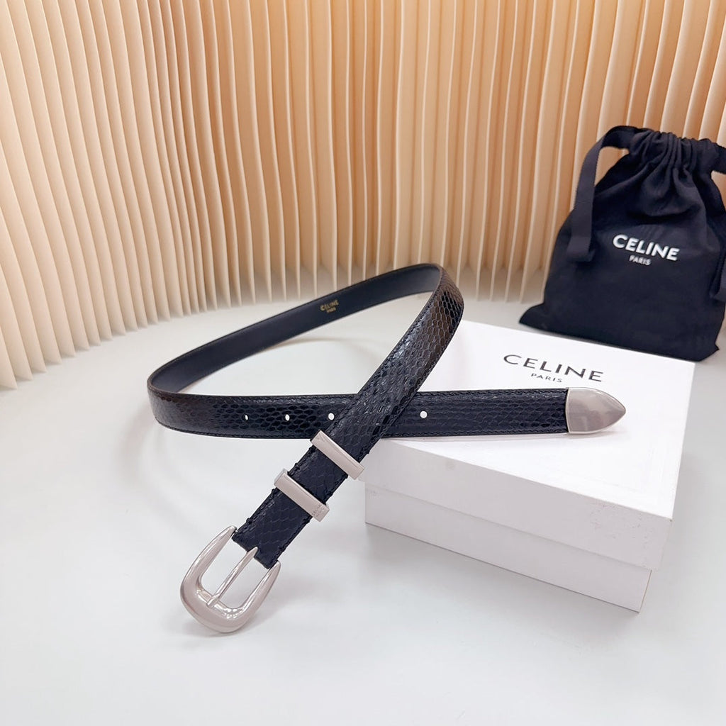 CELINE Medium Western Belt 25mm Black Snake Embossed Calfskin Shw