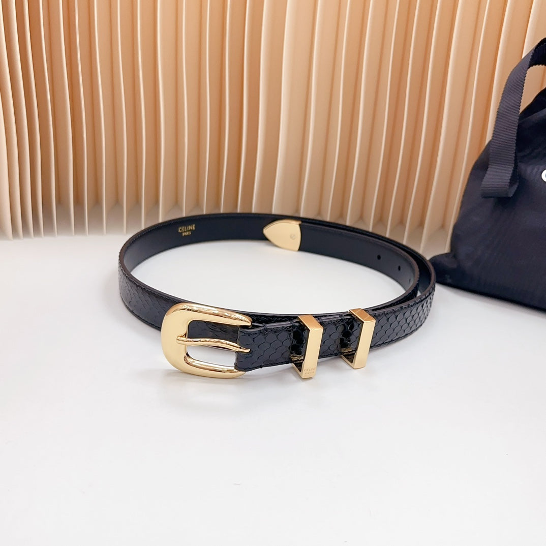 CELINE Medium Western Belt 25mm Black Snake Embossed Calfskin Ghw
