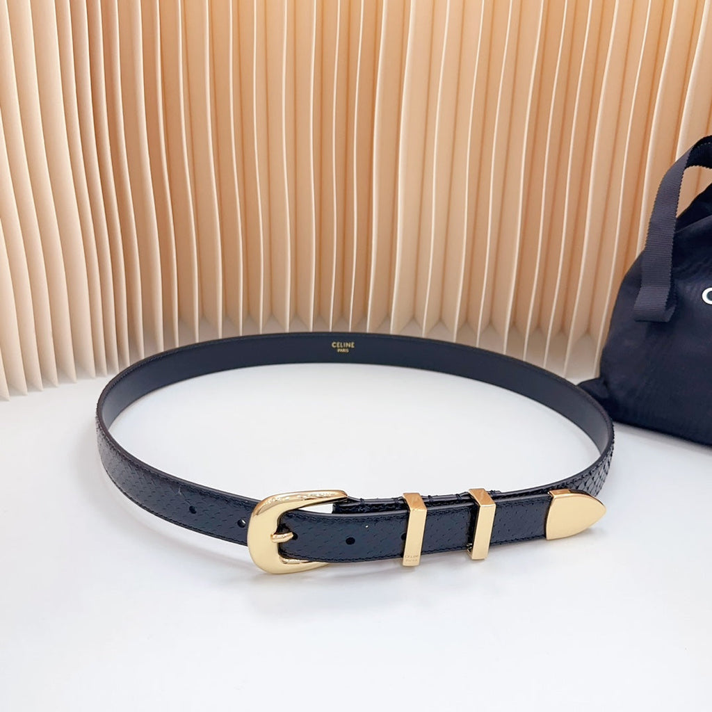 CELINE Medium Western Belt 25mm Black Snake Embossed Calfskin Ghw