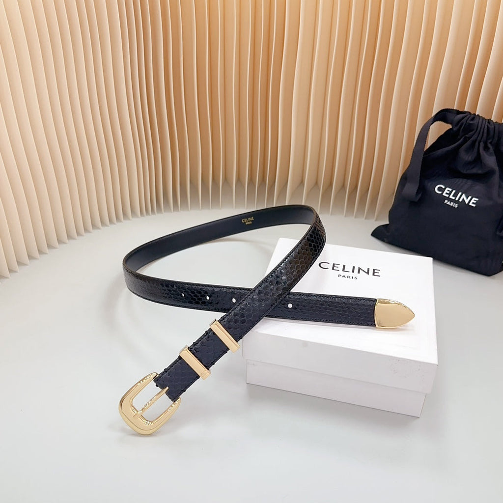 CELINE Medium Western Belt 25mm Black Snake Embossed Calfskin Ghw