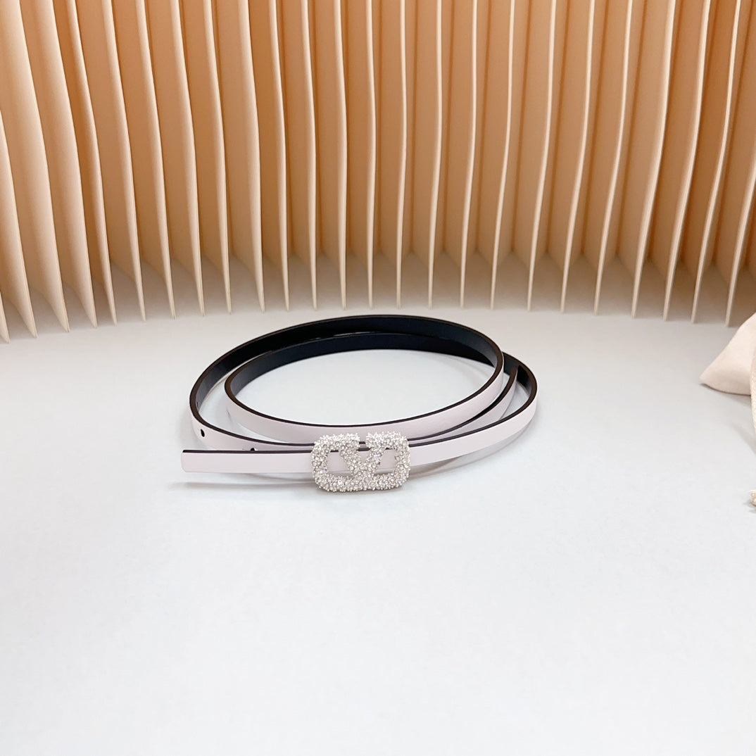 VALENTINO VL Belt 8mm Buckle Silver Diamond Leather White Black