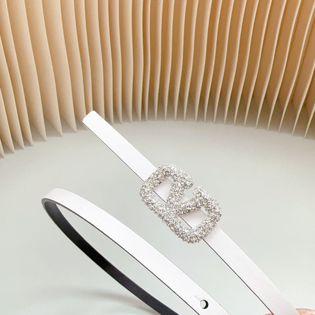 VALENTINO VL Belt 8mm Buckle Silver Diamond Leather White Black