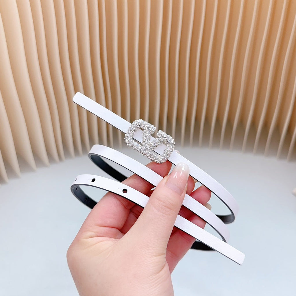 VALENTINO VL Belt 8mm Buckle Silver Diamond Leather White Black